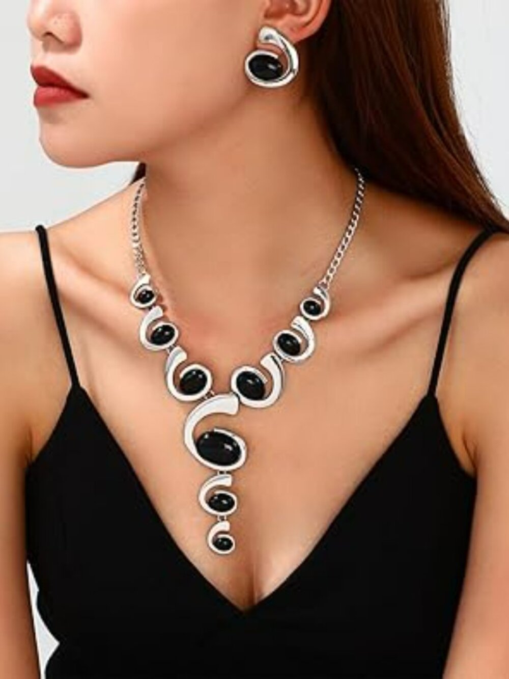 Silver & Black Boho Classy Chunky Jewelry Set Vintage Pendant Necklace Stackable - Picture 3 of 4